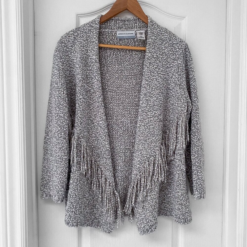 Alfred Dunner Marled Fringe Open Front Cardigan Sweater - Petite Small